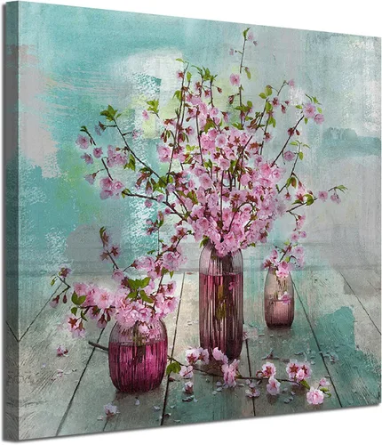 Acocifi Lienzo de flores rosas para pared, cuadro abstracto, verde azulado, turquesa, acuarela, melocotón, pintura, enmarcado, para baño, sala de
