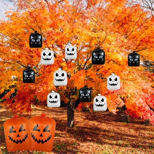 Miniatura 5 de Giiffu Paquete de 9 bolsas de hojas de Halloween con lazos giratorios, bolsas de basura de calabaza resistentes para césped, jardín, porche