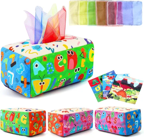 URMYWO Caja de pañuelos de bebé juguete - Juguetes Montessori para bebés de 6-12 meses 1 año niño niña - Juguetes sensoriales suaves crujientes para