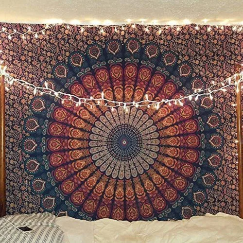 RAJRANG Tapiz de Mandala de Pavo Real Hippie para Colgar en la Pared 90 x 84 pulgadas Tapices Decorativos Trippy Bohemios Indios Hechos a Mano de