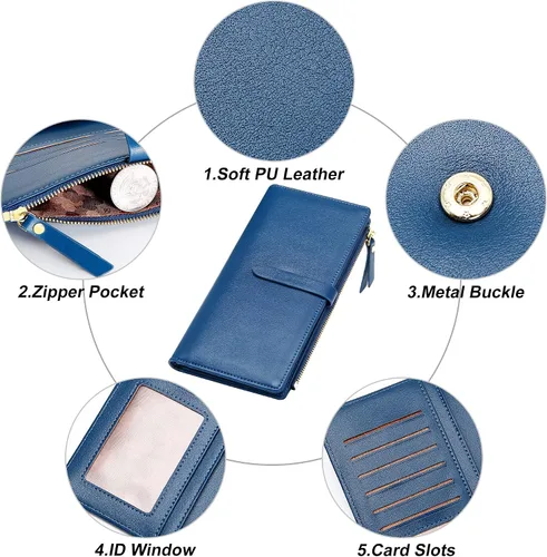 Miniatura 27 de Billeteras delgadas para mujer, tarjetero RFID plegable con bolsillo con cremallera, Mandala azul, Delgado