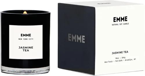 EMME NYC - Vela de té de jazmín, vela de cera de soja de lujo con mecha de madera agrietada, fragancia no tóxica y segura para el hogar, tarro de