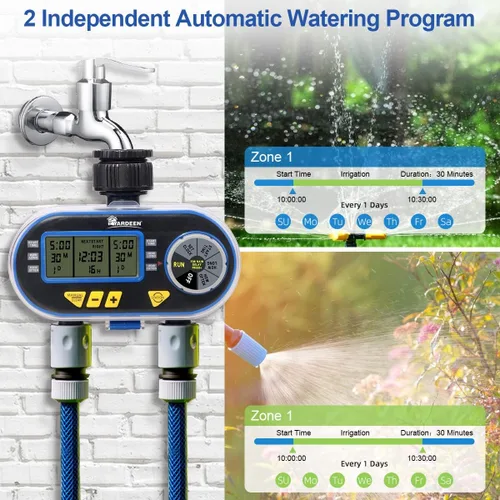 Miniatura 2 de Temporizador de rociador para manguera de jardín, temporizador de manguera programable con retardo de lluvia/manual/2 válvulas solenoides sistema