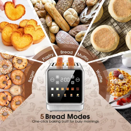 Miniatura 3 de Tostadora de pantalla táctil de 2 rebanadas, tostadoras digitales inteligentes de acero inoxidable con tostada de una sola ranura, función