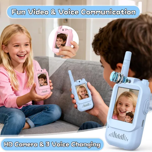 Miniatura 2 de Walkie Talkie para niños con video, paquete de 2 juguetes recargables para niños pequeños con cámara HD y cambiador de voz, radios bidireccionales