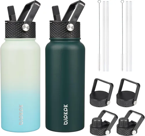Miniatura 24 de BJPKPK Paquete de 2 botellas de agua aisladas con tapas con pajita, botella de agua de metal de acero inoxidable de 18oz con 6 tapas, jarras a