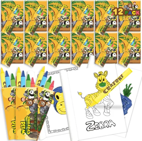 ArtCreativity Paquete de 12 mini libros para colorear de animales del zoológico para niños con 12 paquetes de crayones – Recuerdos de fiesta de