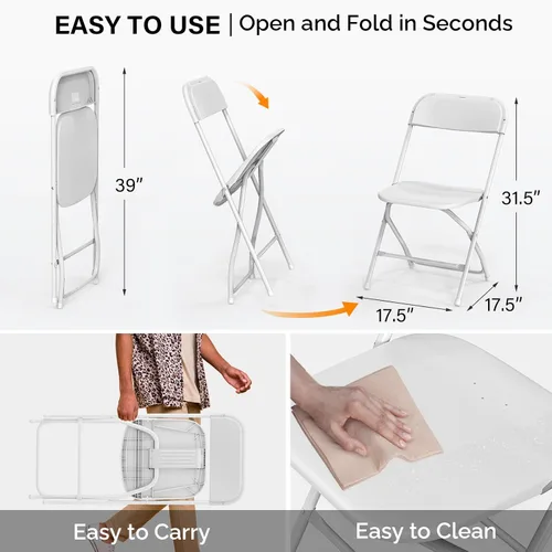 Miniatura 3 de VINGLI Paquete de 8 sillas plegables de plástico blanco, asiento comercial apilable portátil para interiores y exteriores, con marco de acero