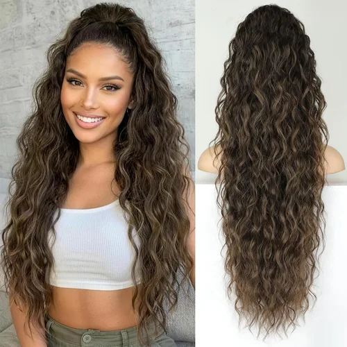 Miniatura 10 de KooKaStyle Extensión de cola de caballo con cordón de 26 pulgadas (66 cm) para mujeres, extensiones de cabello sintético rizado largo para uso