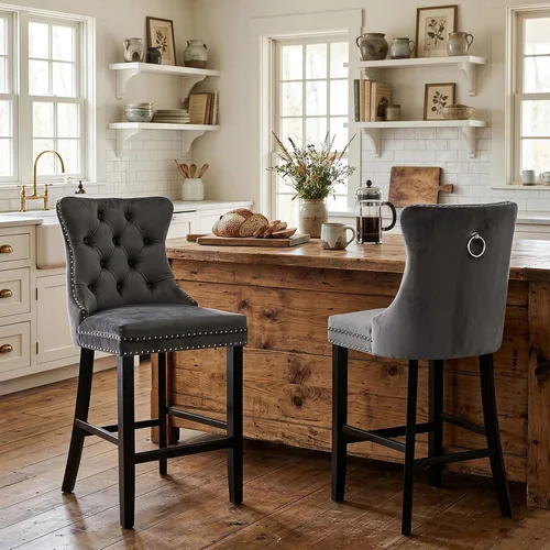 Miniatura 26 de SoarFlash Juego de 2 taburetes de bar tapizados de terciopelo moderno con patas de madera, botones acolchados, cabeza de clavo cromada, asiento