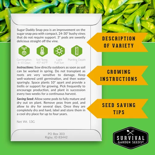 Miniatura 2 de Survival Garden Seeds - Semilla de guisante Sugar Daddy Snap para plantar - 3 paquetes con instrucciones para plantar y cultivar en deliciosas