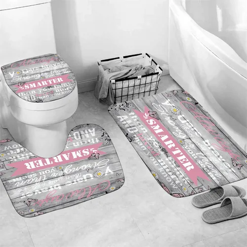 Miniatura 5 de AZHM 4 piezas Juegos de Cortinas de Ducha con Citas Inspiradoras con Alfombras, Juego de Decoración Floral de Baño con Cortina de Ducha y Alfombras