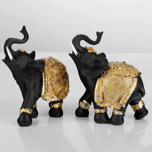 Miniatura 6 de Juego de decoración de elefante de la suerte con troncos – Feng Shui resina negro y dorado pareja elefante figuritas – Par de estatuas de elefantes