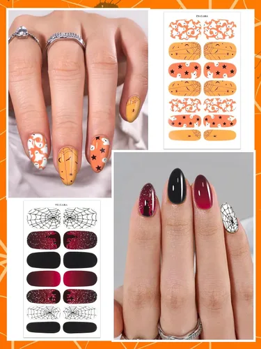 Miniatura 5 de EBANKU 14 calcomanías adhesivas de esmalte de uñas de Halloween, lindos murciélagos fantasmas, telarañas, tiras de uñas de esqueleto, con lima