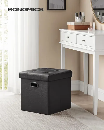 Miniatura 2 de Otomana plegable por Songmics, cubo de almacenamiento de 15 pulgadas con agujero y asa, piel sintética, Madera, Negro