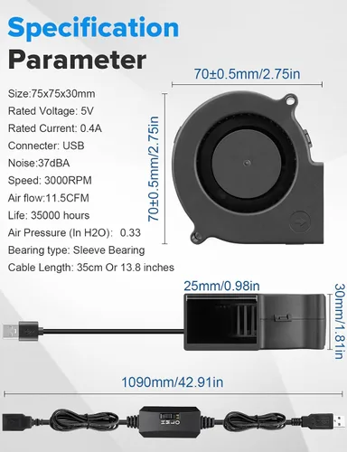 Miniatura 2 de Wathai - Ventilador USB de 75 mm x 30 mm, turbina centrífuga de 5 V para caja de computadora DIY, receptor de cine en casa, impresoras 3D