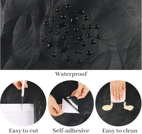 Miniatura 6 de VaryPaper Papel tapiz moderno con textura negra, para despegar y pegar, diseño geométrico en espiral, para dormitorio, baño, extraíble