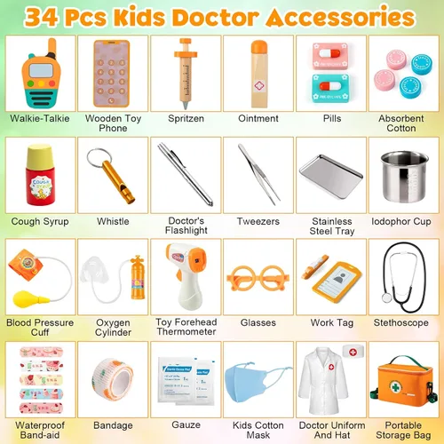 Miniatura 5 de EFO SHM Kit de médico para niños, 34 piezas para niños pequeños de 3 a 5 años con bolsa de almacenamiento médico y estetoscopio real, para niños