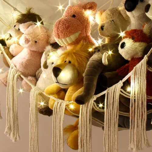Miniatura 4 de RelaxScene Hamaca esquinera de animales de peluche con luz LED, hamaca de almacenamiento de juguetes, red de peluche grande, organizador colgante