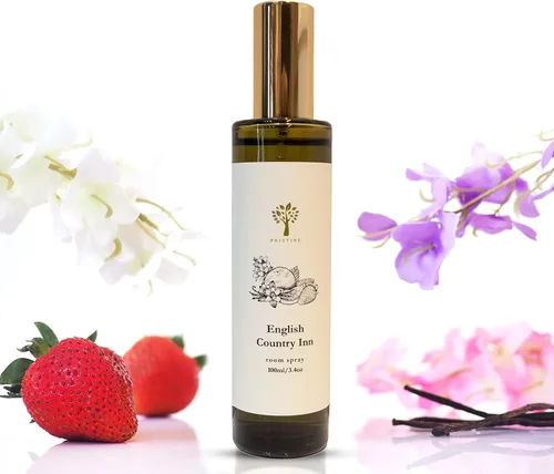 PRISTINE English Country Inn Linen & Room Spray Ambientador, hecho con aceites esenciales, fragancia en aerosol para ambientes con fresa y vainilla,