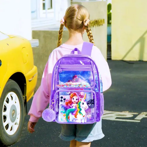 Miniatura 15 de Mochila transparente, aprobada por el estadio, para niñas y niños, mochila transparente de PVC resistente para mujeres y hombres