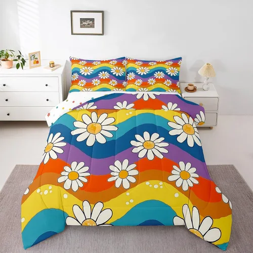 Miniatura 11 de Juego de ropa de cama floral retro, tamaño individual, vintage de los años 70 y 60, juego de edredón para niños, adultos y adolescentes, juego