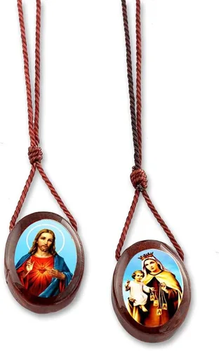 Miniatura 2 de Escapularios de madera con cordón marrón con medallas Sagrado Corazón de Jesús y Nuestra Señora del Monte Carmelo. Escapularios Catolicos. Collar
