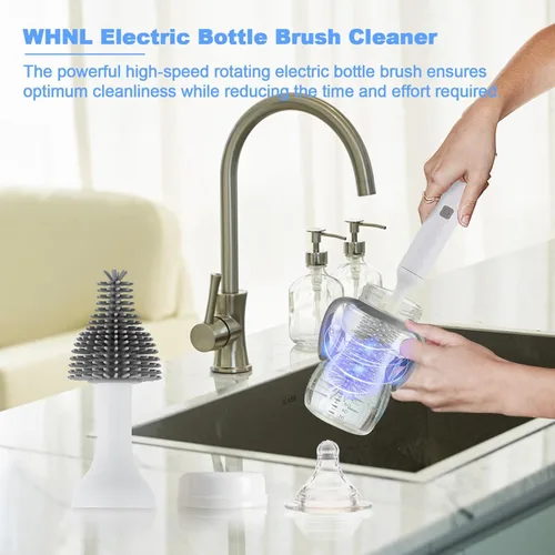 Miniatura 2 de Juego de limpiador eléctrico recargable para botellas con limpiador de cepillo de silicona de 3 piezas para biberones y cepillo limpiador de Blanco