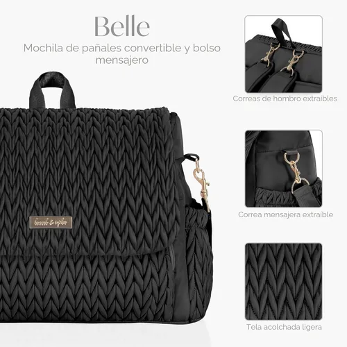 Miniatura 5 de Hannah & Sophia Belle - Mochila y bolsa convertible para pañales para bebé en color negro, tamaño grande, tapete cambiador resistente al agua