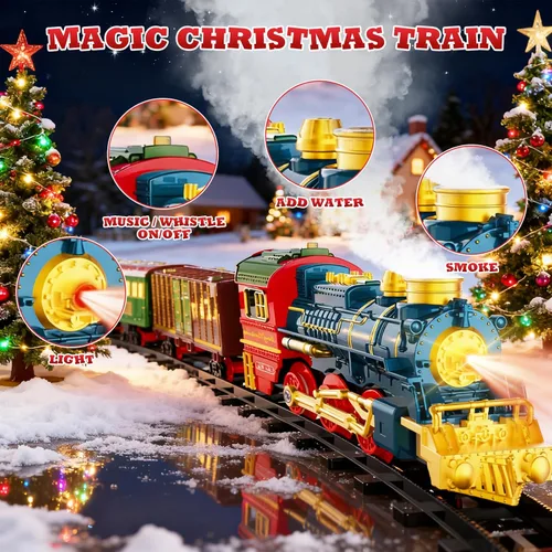 Miniatura 4 de Juego de tren - Juego de trenes para niños con humo, luces y sonido, juego de tren de juguete para debajo del árbol de Navidad, trenes