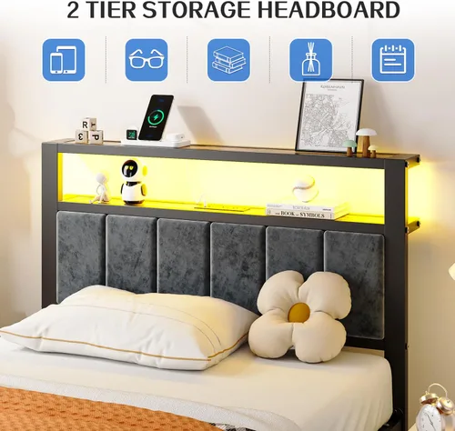 Miniatura 3 de Liians Base de cama de plataforma de tamaño individual con luces LED, cabecera tapizada gris con estantes de almacenamiento de 2 niveles, estación