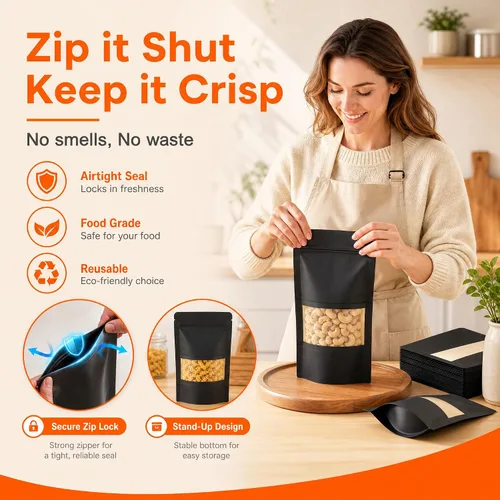 Miniatura 5 de 100 bolsas de papel kraft negro con ventana, bolsas de pie de 3.5 x 5.5 pulgadas, bolsas de almacenamiento de alimentos para productos de embalaje