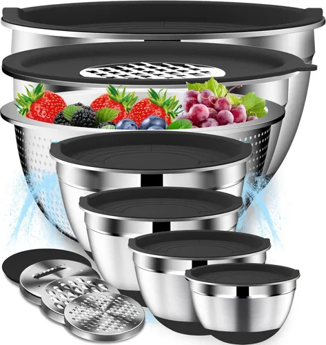 DUTZUN Juego de Tazones Mezcladores con Tapas - Juego de 16 Piezas de Tazones Mezcladores de Acero Inoxidable con Colador, 3 Accesorios de Rallador,