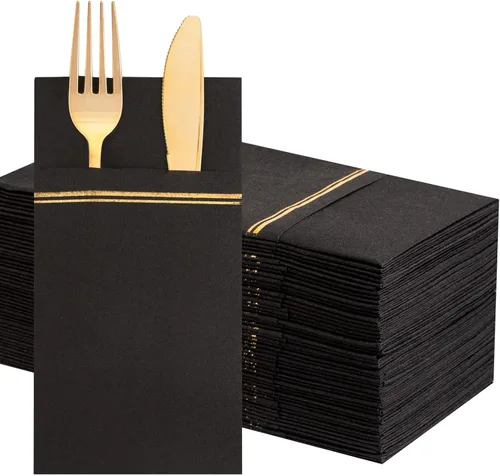 Nervure 100 piezas de servilletas de papel negras con bolsillo incorporado para cubiertos planos - Servilletas predobladas tipo tela negras y Negro