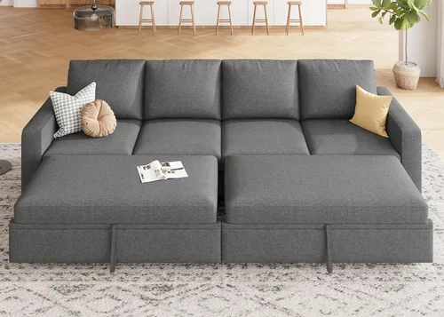 Miniatura 11 de HONBAY Sofá seccional modular con cama extraíble, sofá cama con forma de U extraíble con secciones de almacenamiento para sala de estar - Beige