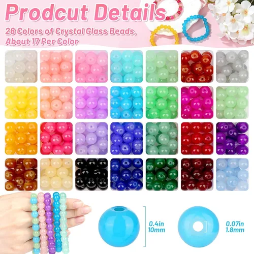 Miniatura 3 de shynek 476 Piezas Cuentas de Vidrio Redondas de 10mm, 28 Colores de Cuentas de Cristal para Hacer Pulseras, Joyería y Manualidades DIY 28