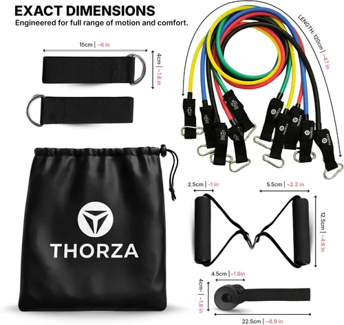 Miniatura 5 de THORZA Juego de 11 piezas de entrenamiento de fuerza de cuerpo completo con bandas de resistencia, bandas de ejercicio de tubo de 5 niveles, sin