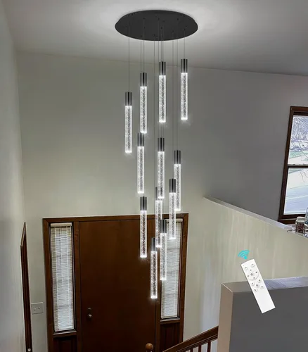 Miniatura 8 de HAIXIANG Candelabro de techo alto de 118 pulgadas, colgantes lineales de cristal, regulables remotos, techos inclinados compatibles, negro mate