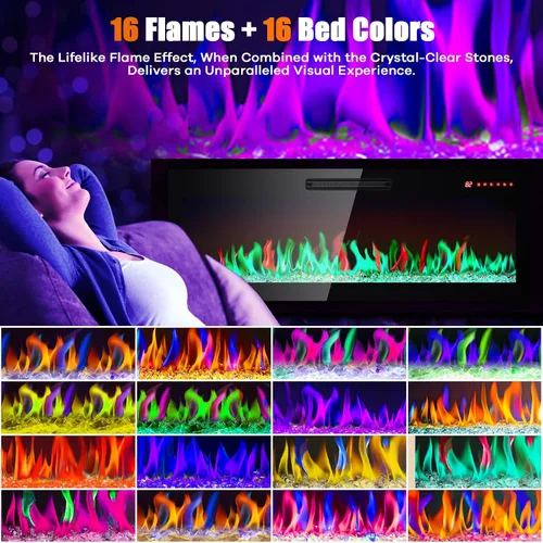 Miniatura 2 de Chimenea eléctrica, 50 pulgadas, empotrada y montada en la pared, calentador eléctrico de 1400 W con controles remotos, 16 colores de llama