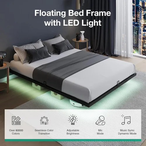 Miniatura 3 de Novilla Marco de Cama Flotante con Luces LED, Marco de Cama Plataforma Moderna Tamaño Full con Tope Deslizante de Colchón, Fácil Ensamblaje, No