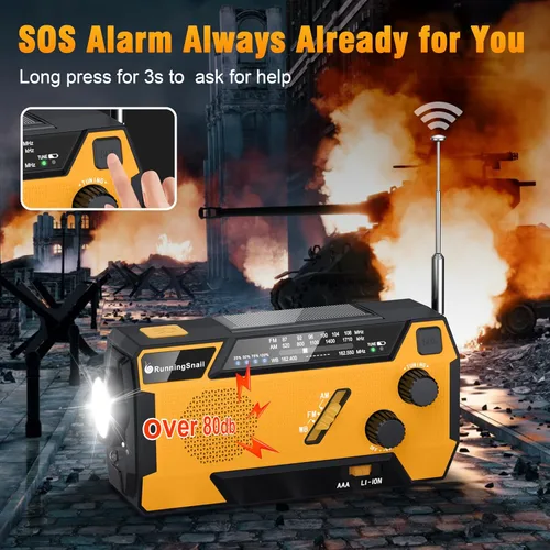 Miniatura 9 de Radio de emergencia con manivela meteorológica: Radio meteorológica AM/FM/NOAA con 3 cables incorporados - Radio manual con manivela de 2000mAh