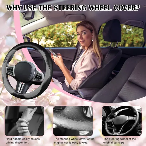 Miniatura 4 de SuperKaKa Funda Universal para Volante de Coche en Gris y Negro 2025, Protector de PU Cómodo, Antideslizante y Transpirable de Imitación de Cuero