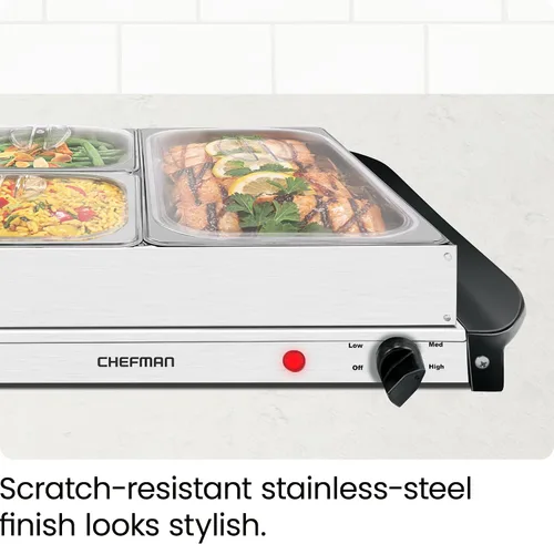 Miniatura 7 de Chefman Servidor de buffet eléctrico + bandeja de calentamiento con temperatura ajustable y 3 platos calentadores, placa caliente perfecta