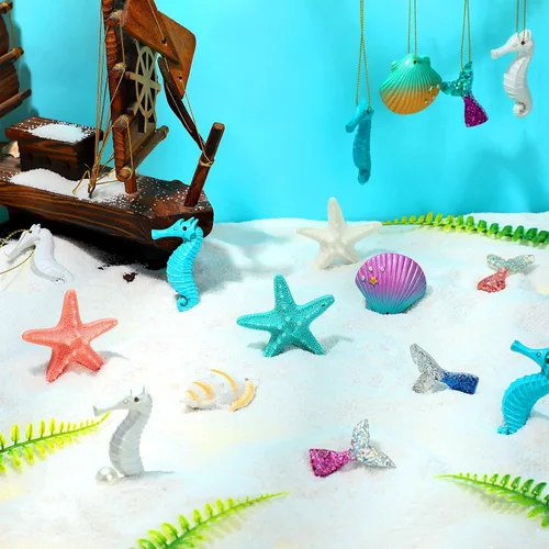 Miniatura 6 de Yerliker Juego de 36 adornos de verano para árbol costero de playa, estrella de mar, concha, sirena, temática del océano, decoración colgante