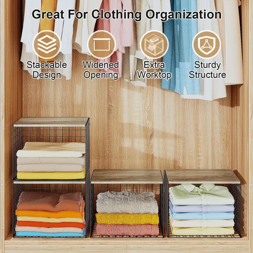 Miniatura 3 de Organizadores de armario y almacenamiento más amplios, apilables, con parte superior de madera, para suéteres, jeans, estantes organizadores de Negro