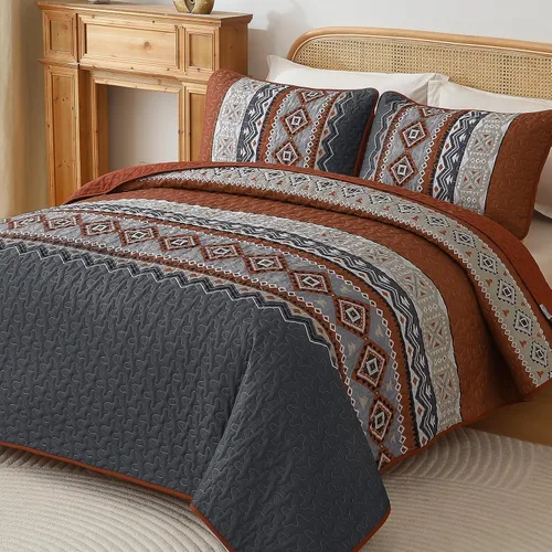 Miniatura 10 de WONGS BEDDING Juego de edredón bohemio de color beige, tamaño Queen, juego de colcha con estampado geométrico con 2 fundas de almohada, juego
