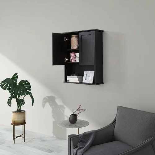 Miniatura 9 de VANIRROR Armario de pared de baño negro de 23 x 29 pulgadas, botiquín de madera con 2 puertas y estante ajustable, armario montado en la pared sobre