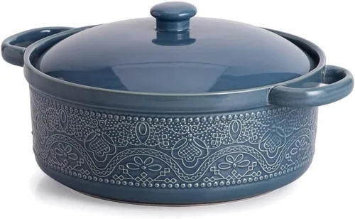 Miniatura 8 de FUN ELEMENTS - Cazuela, 2 cuartos de galón, plato con relieve de encaje con tapa, de cerámica para ir del horno a la mesa, asas redondas para servir