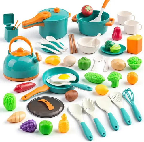 56 piezas de mini accesorios de cocina para niños, juego de cocina de simulación con utensilios de cocina, vajilla y 2 juegos de frutas, regalo de