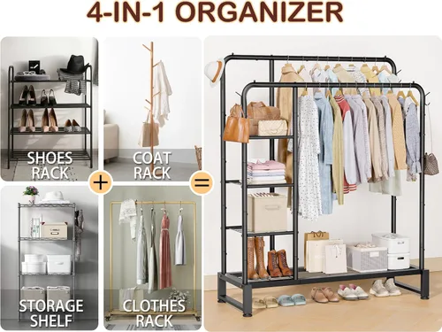 Miniatura 4 de Perchero de doble barra con estantes de almacenamiento de 4 niveles, perchero para colgar ropa, organizador multifuncional de ropa resistente
